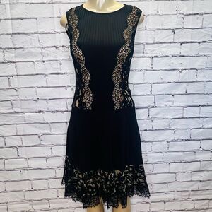 Tadashi Shoji Womens Sheer Lace Pintuck Jersey Lace Panel Dress Black Size XS